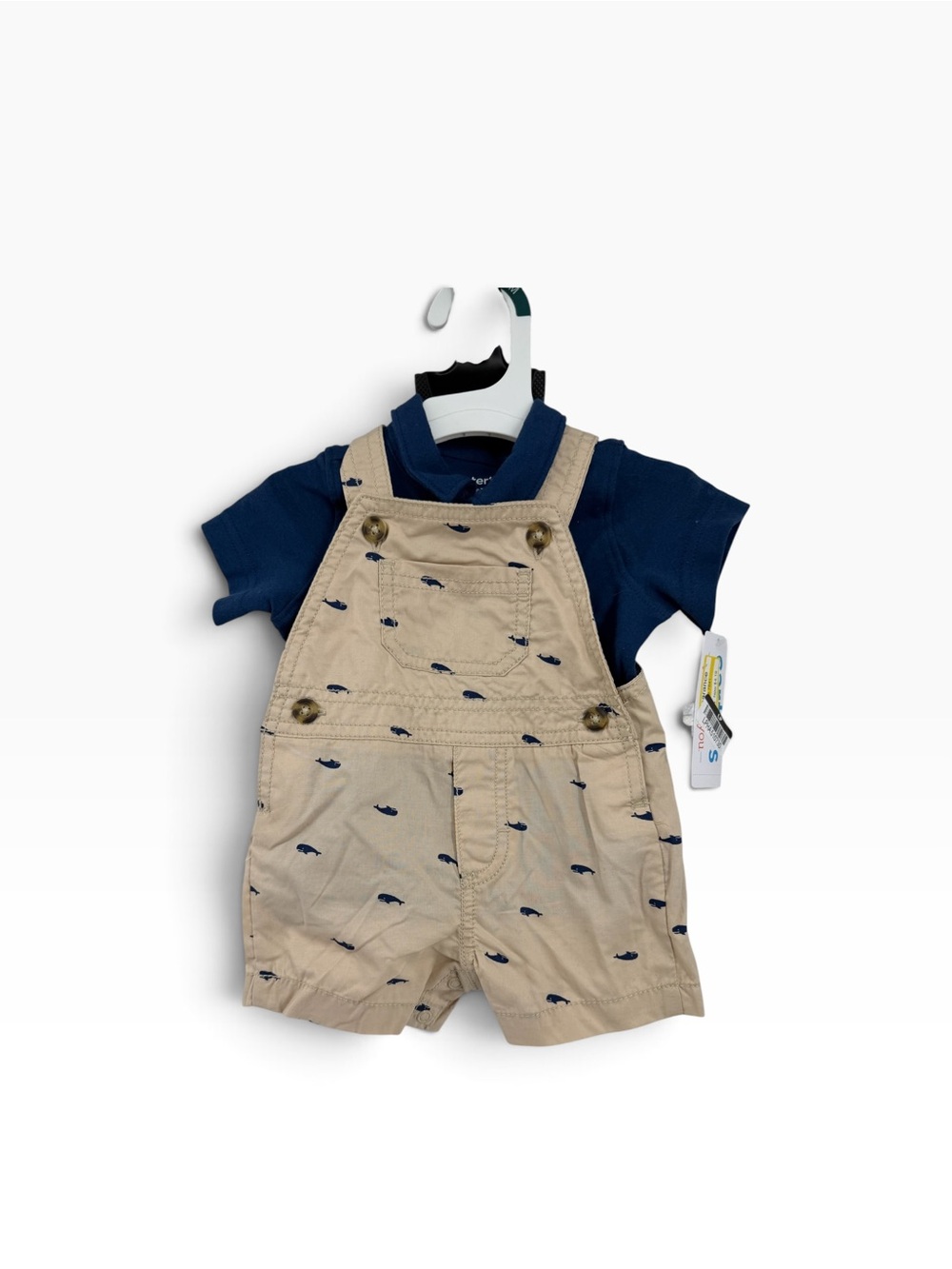 Navy Tee with Tan Whale-Print Short Overalls